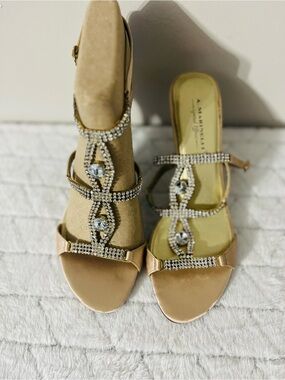 A. Marinelli Champagne Satin T-Strap Rhinestone Evening Sandals - Size 8